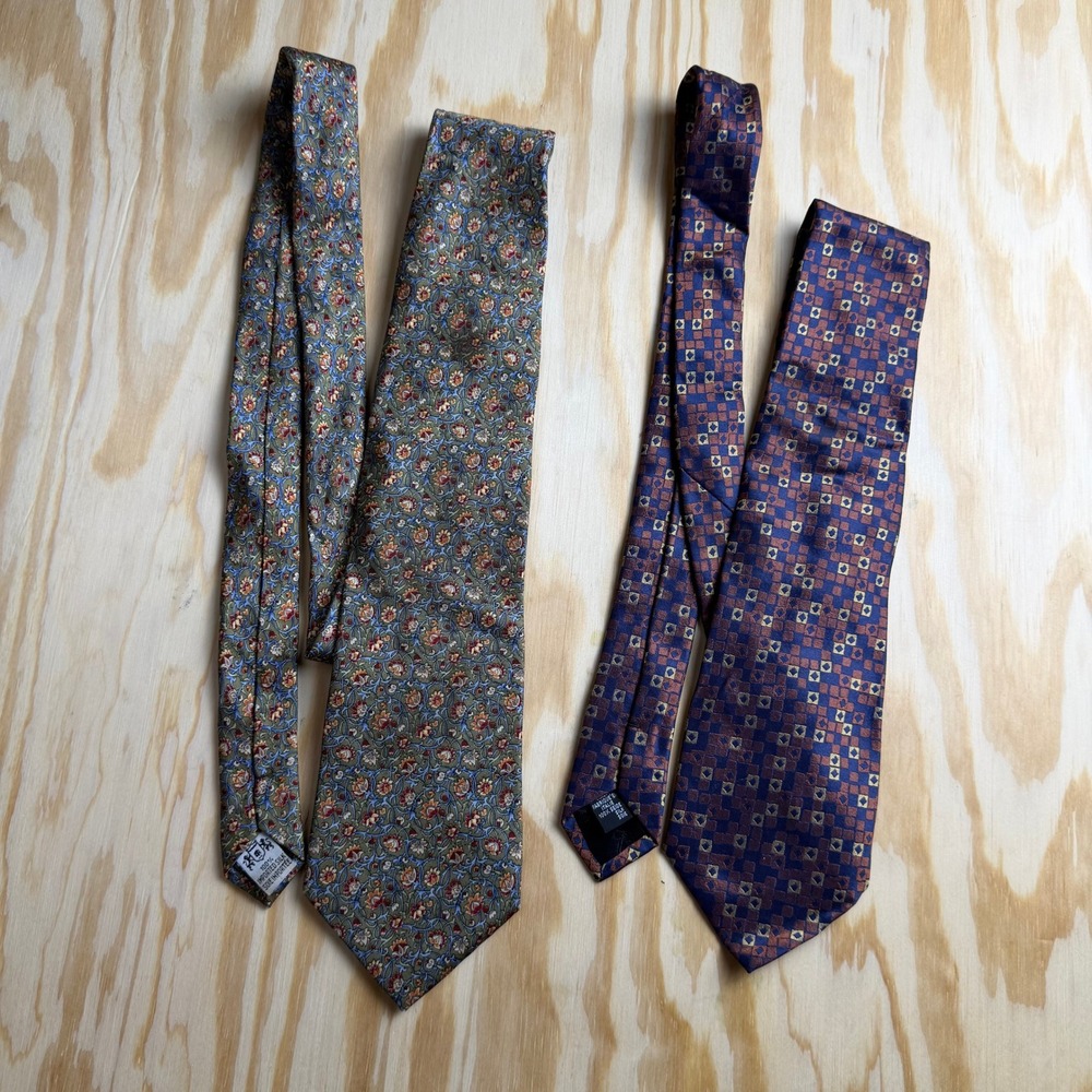Metropolitan Museum of Art Silk Tie Lot 2 Floral Geometric Navy Green Italy